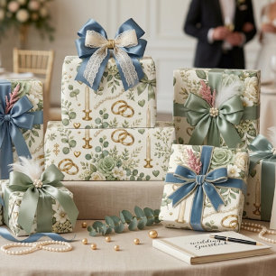 Papier cadeau de mariage floral vert sauge et or a