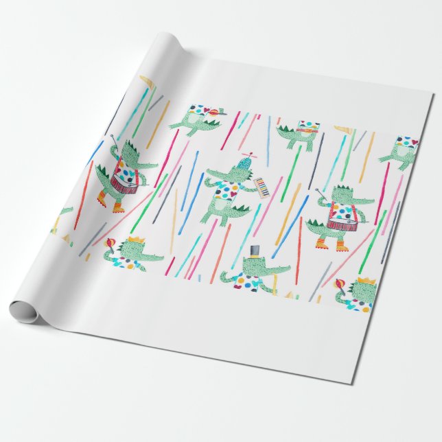 Papier Cadeau De mignons alligators avec des instruments de musi (Déroulé)