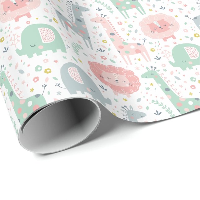 Papier Cadeau De mignons animaux de la jungle sur blanc (Coin rond)