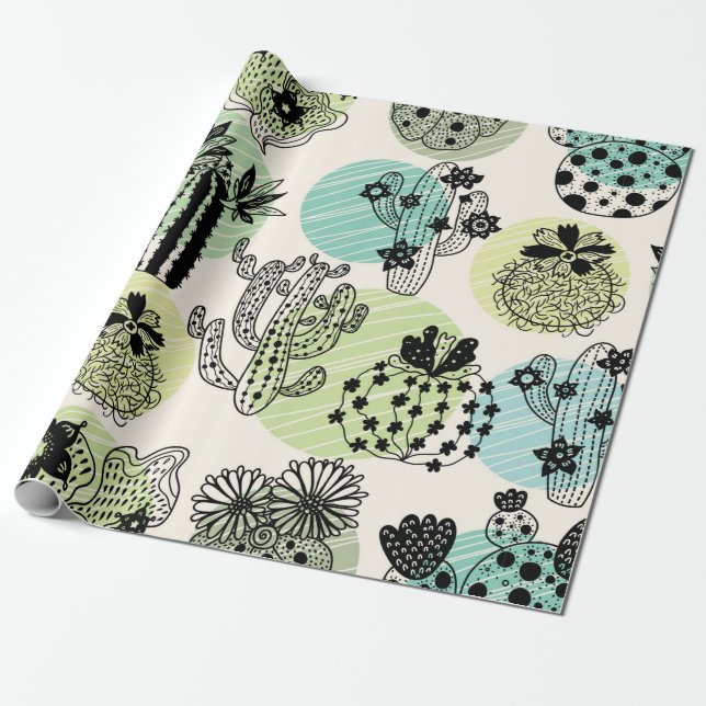 Papier Cadeau De mignons cactus en fleurs. Patch transparent à m (Déroulé)