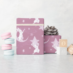 Papier Cadeau De mignons lapins et des étoiles roses