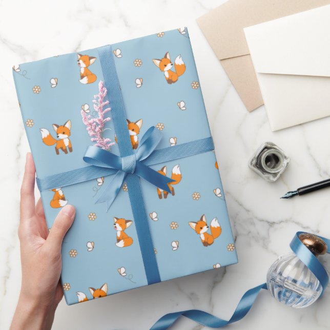 Papier Cadeau De mignons petits renards en bleu (Cadeaux)