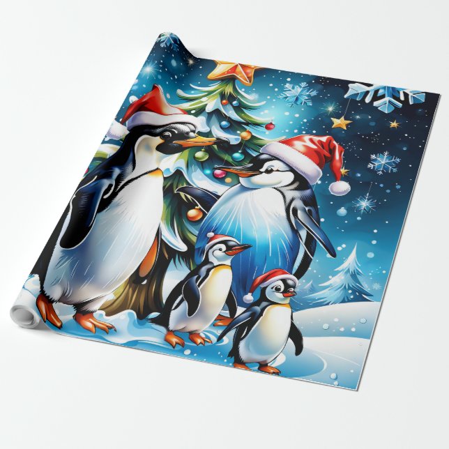 Papier Cadeau De mignons pingouins dans un style de dessin animé (Déroulé)