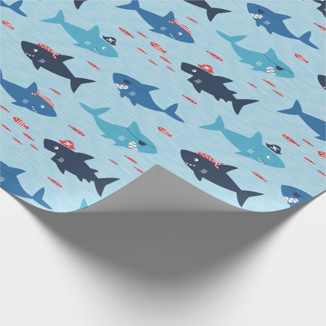 Papier Cadeau De mignons requins drôles avec des casquettes pira (Coin)