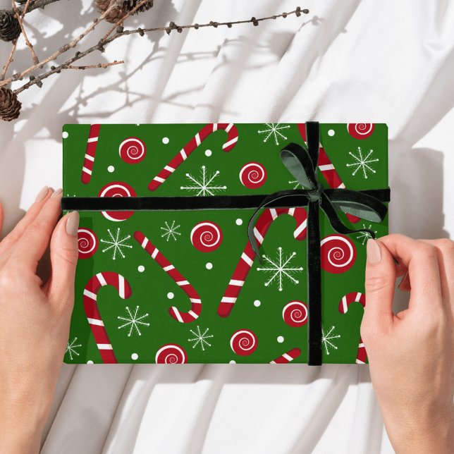 Papier cadeau de Noël à la canne à bonbons verte e (Créateur téléchargé)
