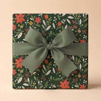 Papier cadeau de Noël à motif floral folk festif