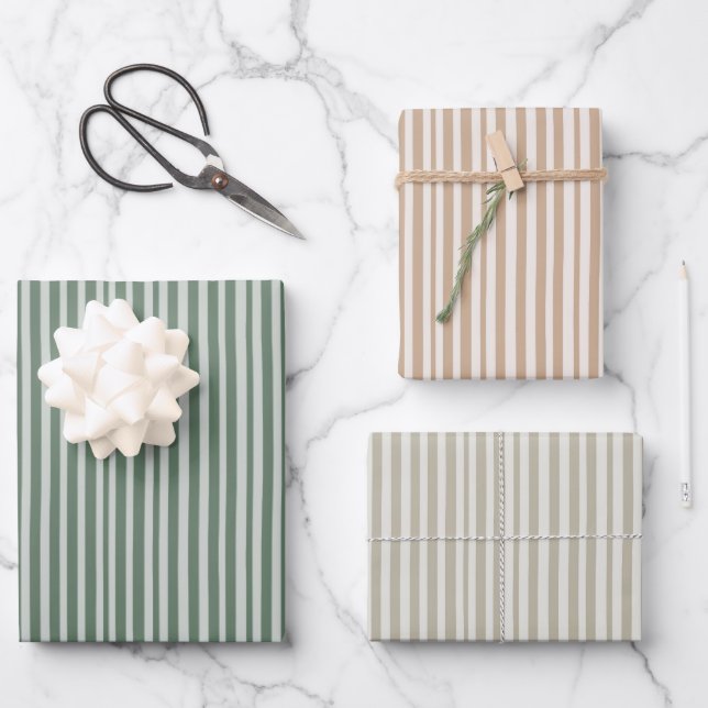 Papier cadeau de Noël à rayures vertes et beige (Recto)