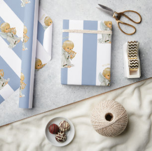 Papier cadeau de Noël Ange bébé rayé bleu et blanc