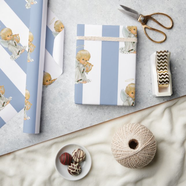 Papier cadeau de Noël Ange bébé rayé bleu et blanc (Artisanat)