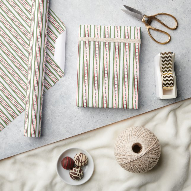 Papier cadeau de Noël aquarelle rayure rouge et ve (Artisanat)