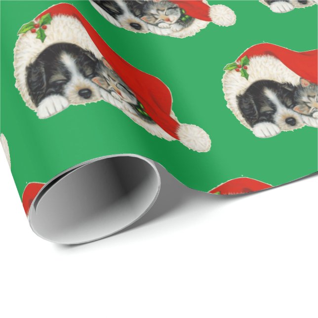 Papier cadeau de Noël avec chiot et chaton mignons (Coin rond)
