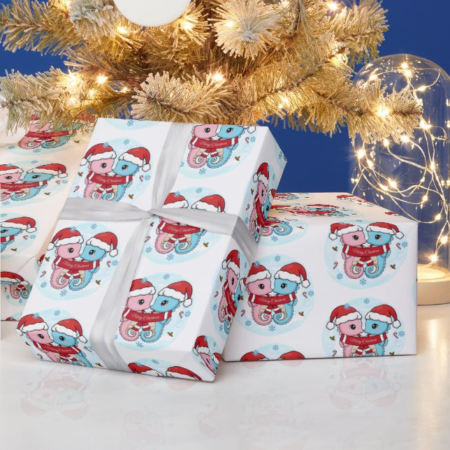 Papier cadeau de Noël avec des hippocampes mignons (Vacances)