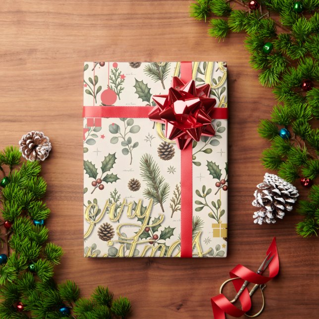 Papier cadeau de Noël avec houx, gui, pin et eucal (Cadeau de vacances)