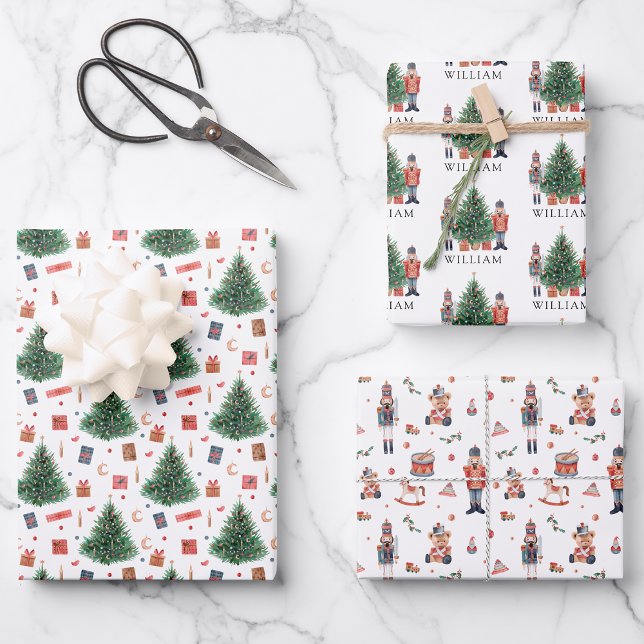 Papier cadeau de Noël Casse-Noisette (Holiday Nutcracker Christmas Gift Wrapping Paper with Toys Presents and Trees by Painted Paperie
)