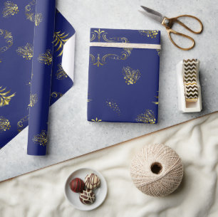 Papier Cadeau de Noël Décoratif Bleu Nuit et Or