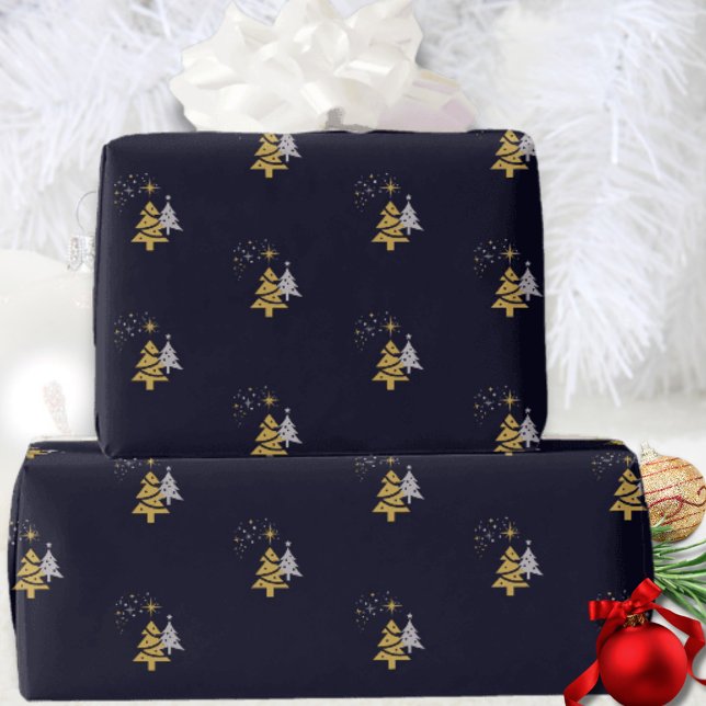 Papier Cadeau de Noël Moderne Marine et Arbre de N (Créateur téléchargé)