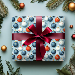 Papier Cadeau de Noël Ornement Rouge Blanc & Bleu