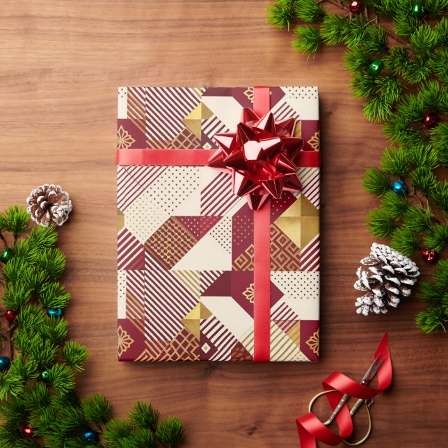 Papier cadeau de Noël patchwork rouge et or  (Cadeau de vacances)
