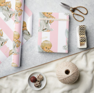 Papier cadeau de Noël rose et blanc à rayures Ange