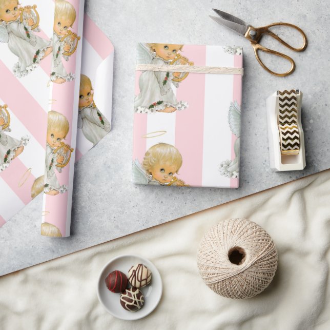 Papier cadeau de Noël rose et blanc à rayures Ange (Artisanat)
