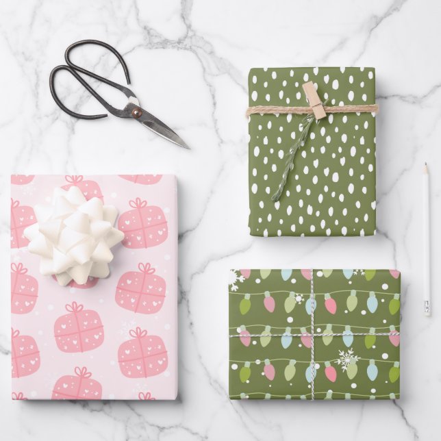 Papier cadeau de Noël rose et vert moderne (Recto)
