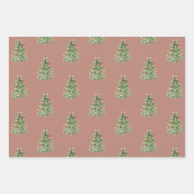Papier cadeau de Noël rose vert Arbres de Noël Bow (Devant)