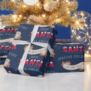 Papier Cadeau De Santa Votre Nom sur Fond Bleu Marine Noël