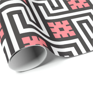 Papier Cadeau Déco clé grecque, noir, blanc et corail rose