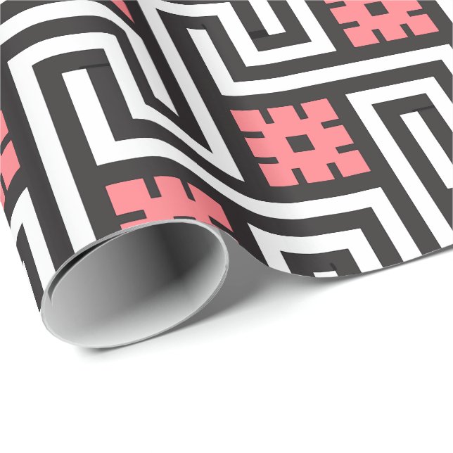 Papier Cadeau Déco clé grecque, noir, blanc et corail rose (Coin rond)
