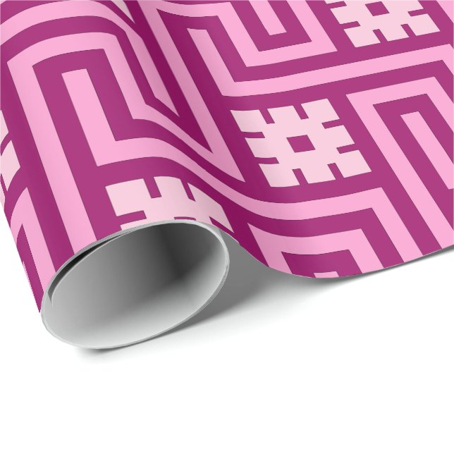 Papier Cadeau Déco clé grecque, rose et bordeaux (Coin rond)