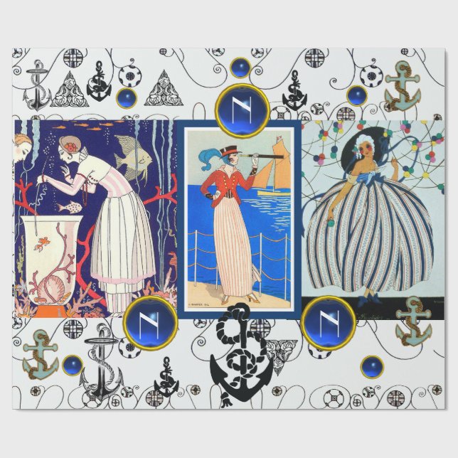 PAPIER CADEAU DECO NAUTIQUE BEAUTÉ MODE BLEU GEMME MONOGRAMME (Plat)