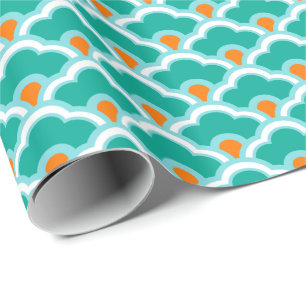 Papier Cadeau Déco Pétoncles chinois, Turquoise, Aqua et Coral