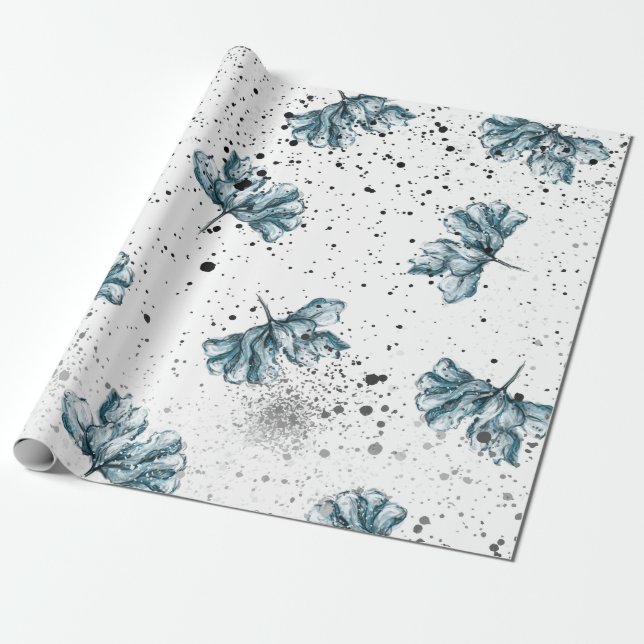Papier Cadeau Décor floral bleu peint à la main (Déroulé)