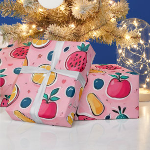 Papier Cadeau Décor rose fruits colorés
