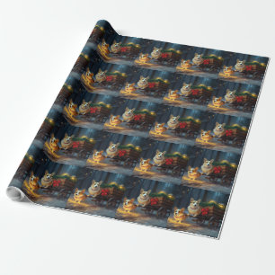 Papier Cadeau Décoration de Noël Chariot Corgi enneigé