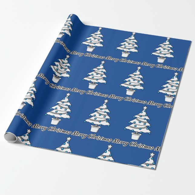 Papier Cadeau Décorations Bleues Arbre de Noël Blanc - Joyeux No (Déroulé)