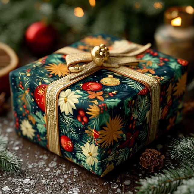 Papier Cadeau Décorations de Noël Classiques & Feuillage de Fête (Créateur téléchargé)