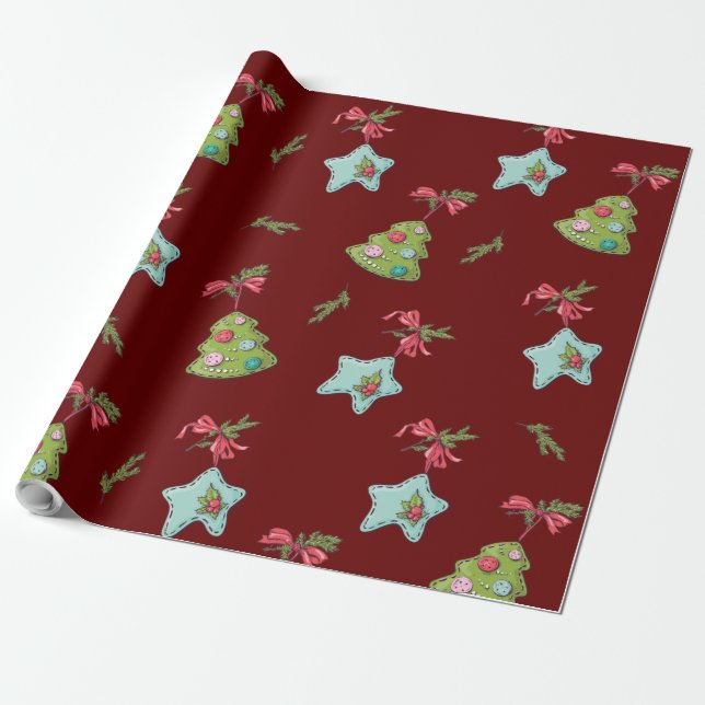Papier Cadeau Décorations de Noël rouge profond (Déroulé)