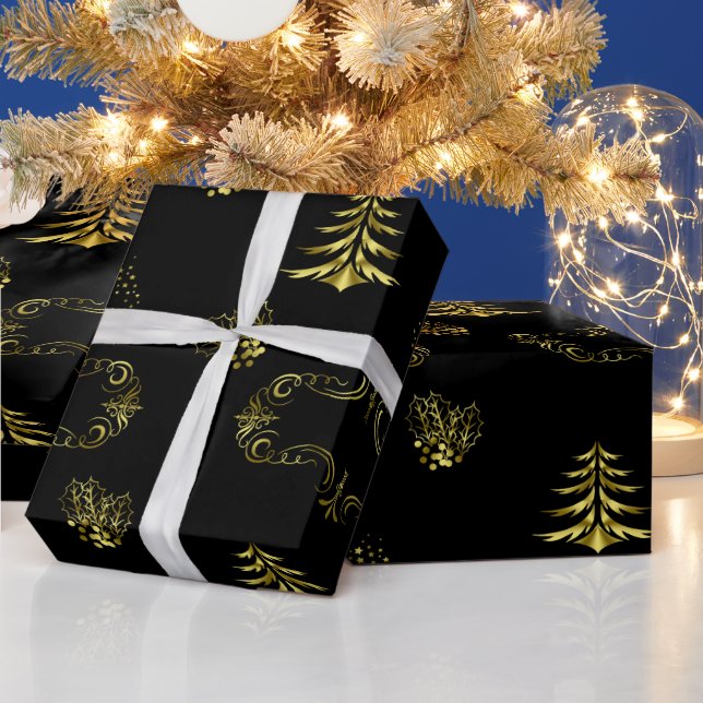 Papier Cadeau Décorations dorées sur Noël noir (Vacances)