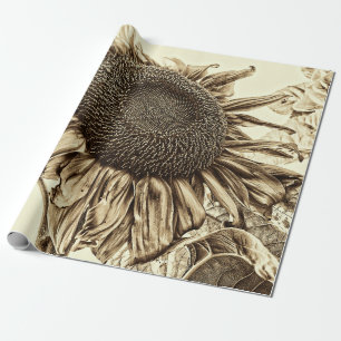 Papier Cadeau Découpage à l'ancienne de Sunflower Sepia Tone Vin