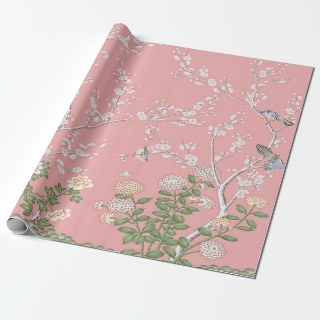 Papier Cadeau Découpage Chinoiserie rose (Déroulé)