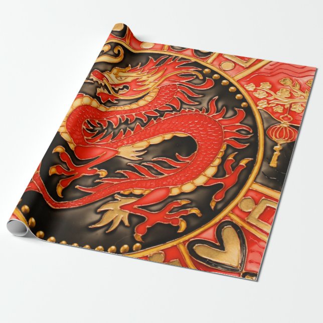 Papier Cadeau Découpage en or rouge dragon chinois traditionnel (Déroulé)