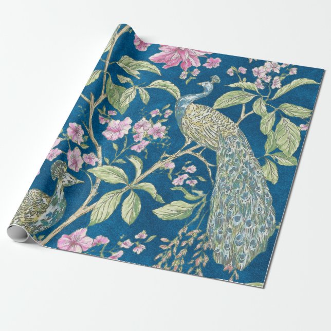 Papier Cadeau Découpage floral de la Chinoiserie bleue (Déroulé)