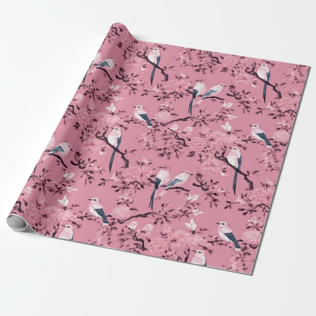 Papier Cadeau Découpage floral d'oiseau rose (Déroulé)