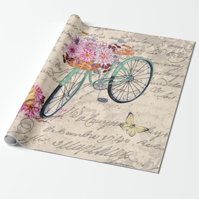 Papier Cadeau Découpage vintage Bulldog Floral Bicyclette Epheme (Déroulé)