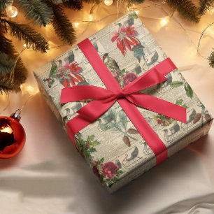 Papier Cadeau Découpage Vintage Poinsettia Écriture d'oiseaux de