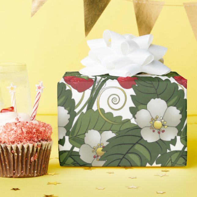 Papier Cadeau Découpe de fraises rouges et de feuilles vertes (Fête d'anniversaire)