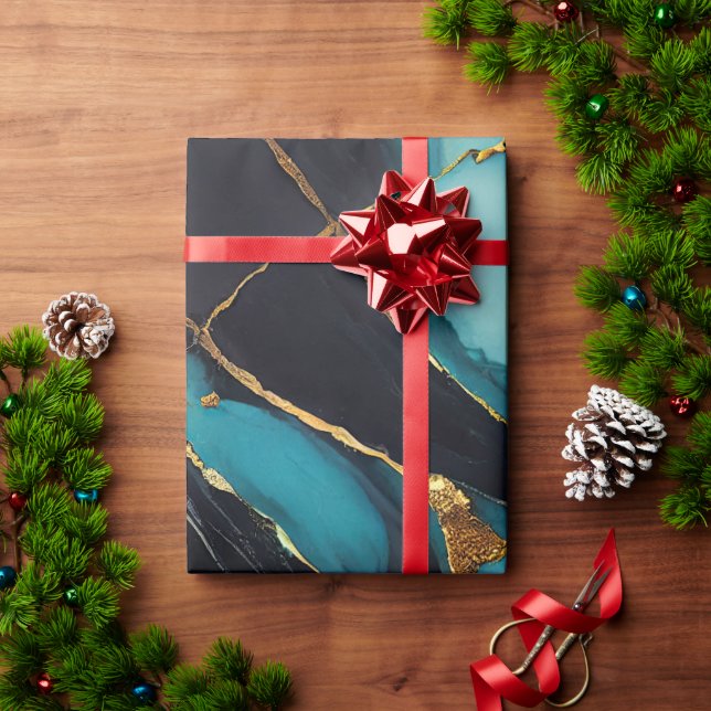 Papier Cadeau Deep Teal Marble with Bold Gold Veins (Cadeau de vacances)
