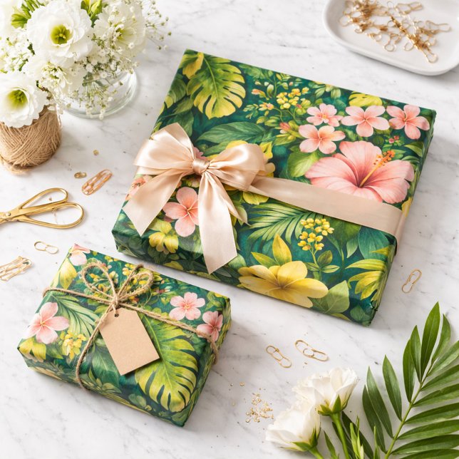 Papier Cadeau Deep Teal Tropical Hibiscus Floral  (Créateur téléchargé)