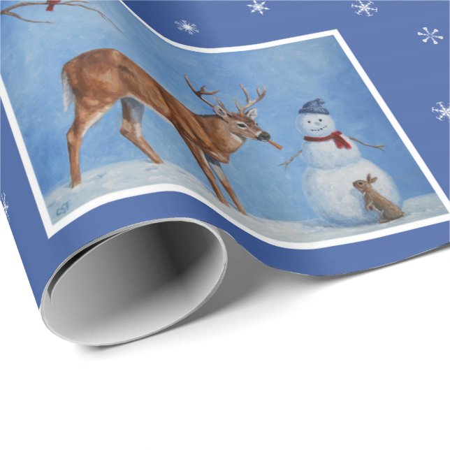 Papier Cadeau Deer & Snowman Christmas Snowflakes (Coin rond)